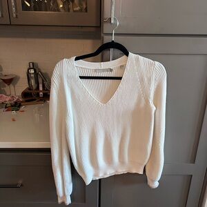 Vince White Ribbed V-Neck Sweater
